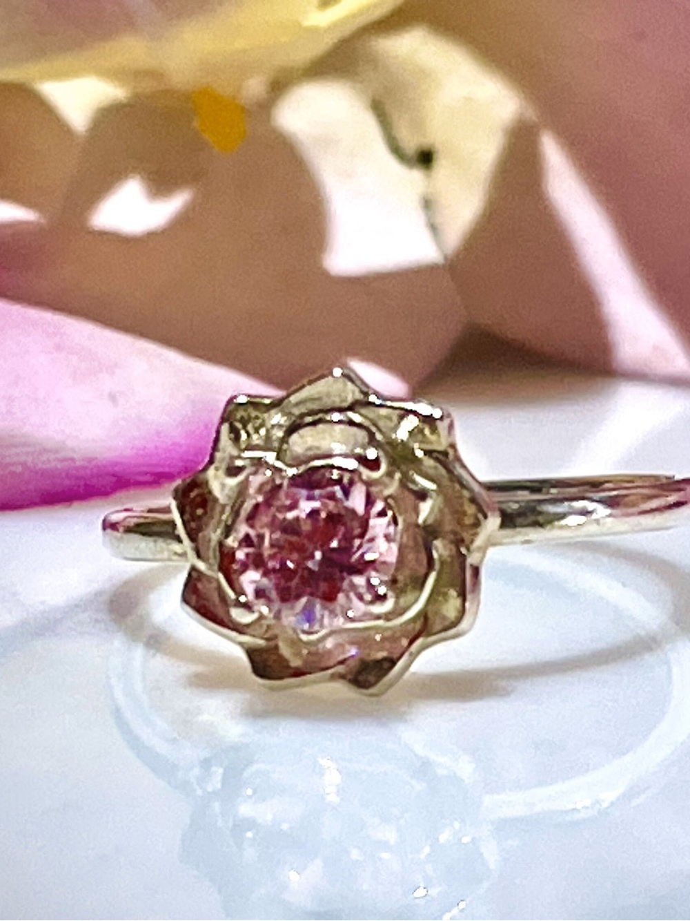 Delicate Flower (Simulated Diamond Pink Cubic Zirconia~5mm) SS Ring, - Picture 2 of 4